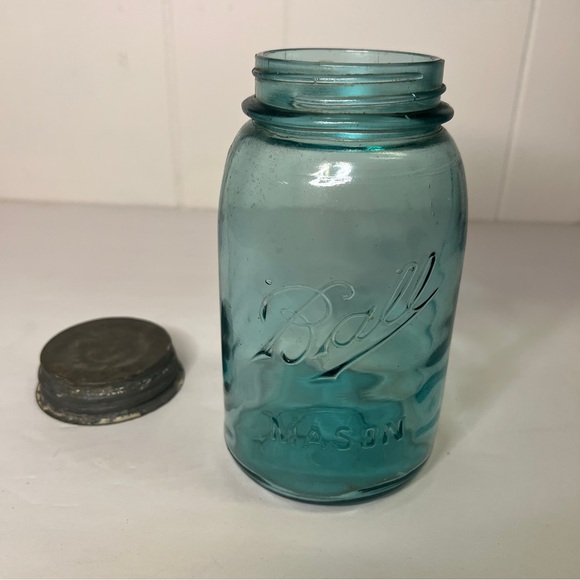 VINTAGE BALL 1910-1923 MASON JAR - BLUE  - QUART - ZINC LID - Picture 15 of 16